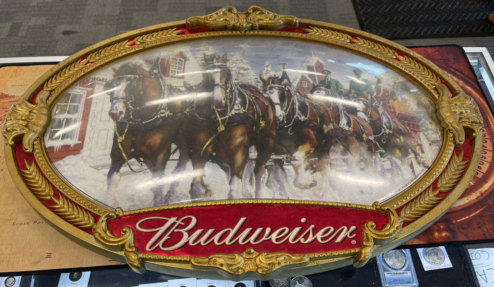 Budweiser Beer Clydesdale Oval Large Picture Team Horses  Winter Christmas 2000